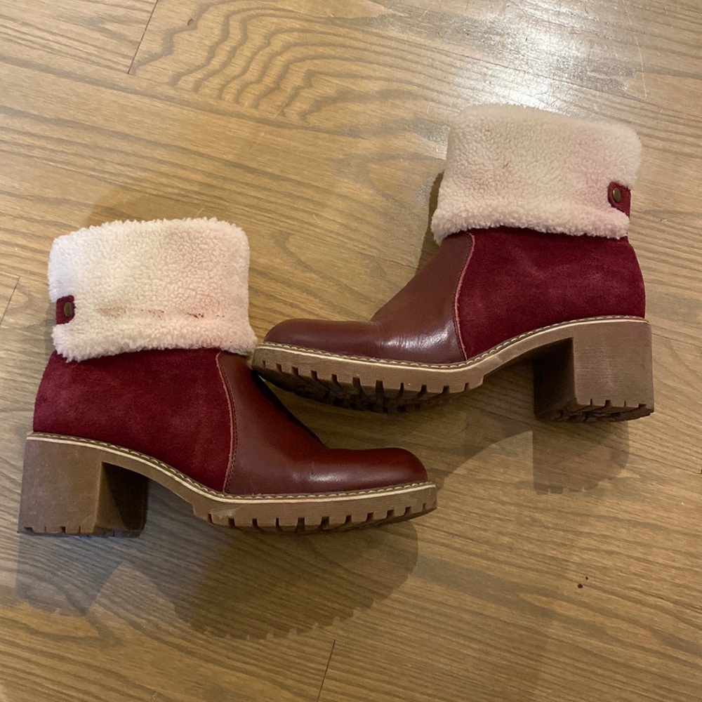 Red leather and suede sheer long boots